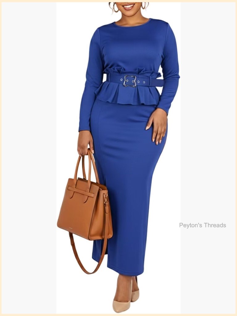 Long Sleeve Peplum Ruffle Midi Pencil Dress With Belt